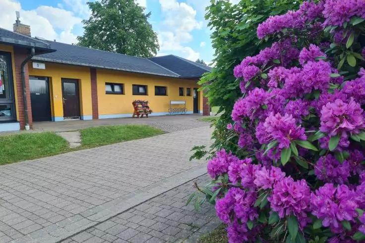 Lila Rhododendronbusch rechts im Vordergrund, gepflasterter Weg, gelb-oranges Geb&auml;ude mit T&uuml;ren und Fenstern, Rasen, B&auml;ume und wolkiger Himmel