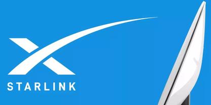 Wei&szlig;es Starlink-Logo und Schriftzug links auf blauem Hintergrund; rechts wei&szlig;e Satellitenantenne