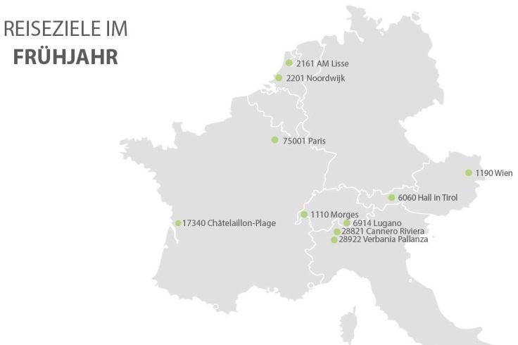 Grauer Kartenumriss von Frankreich und Teilen benachbarter L&auml;nder, Titel "REISEZIELE IM FR&Uuml;HJAHR" oben links, mehrere gr&uuml;ne Standortmarker mit kurzen Ortsnamen und Zahlen