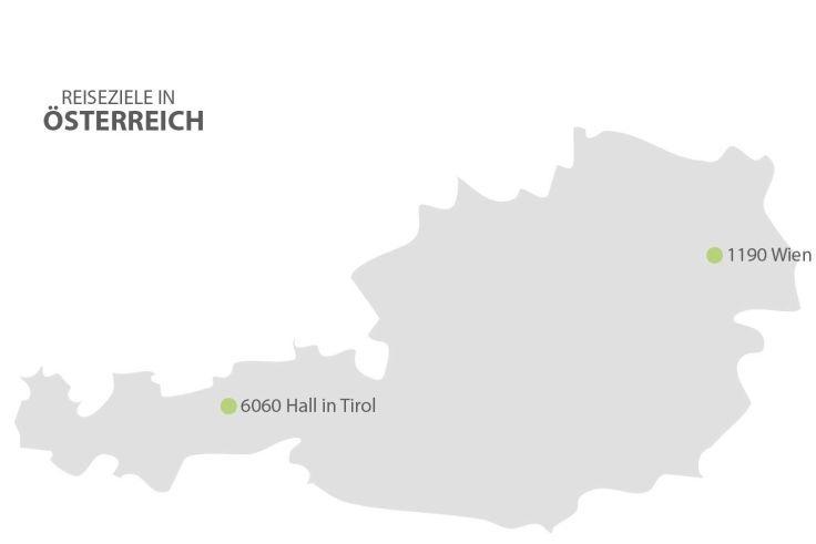 Graue Umrisskarte von &Ouml;sterreich mit zwei gr&uuml;nen Punkten, beschriftet '6060 Hall in Tirol' (links) und '1190 Wien' (rechts), sowie dem Text 'REISEZIELE IN &Ouml;STERREICH' oben links