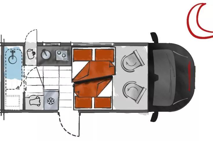 Top-down-Grundriss eines Fahrzeuginnenraums: Fahrerhaus mit zwei Vordersitzen, orangefarbene Sitz-/Liegefl&auml;che, K&uuml;chenzeile mit Sp&uuml;le und Herd, Bad mit Dusche und Toilette, seitliche T&uuml;r ge&ouml;ffnet, rotes Halbmond-Symbol oben rechts