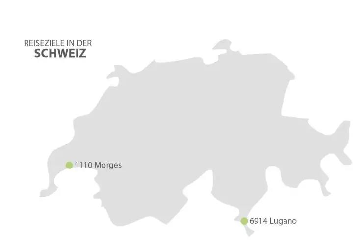 Graue Umrisskarte der Schweiz mit dem Text 'REISEZIELE IN DER SCHWEIZ' oben links, zwei gr&uuml;ne Punkte mit Beschriftungen '1110 Morges' und '6914 Lugano'