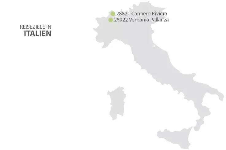 Graue Karte von Italien auf wei&szlig;em Hintergrund, links der Titel 'REISEZIELE IN ITALIEN', im Norden zwei gr&uuml;ne Punkte mit den Beschriftungen '28821 Cannero Riviera' und '28922 Verbania Pallanza'