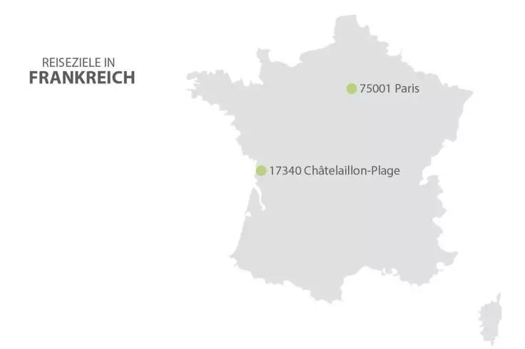 Graue Karte von Frankreich auf wei&szlig;em Hintergrund, links der Text 'REISEZIELE IN FRANKREICH', zwei gr&uuml;ne Punkte mit Beschriftungen '75001 Paris' und '17340 Ch&acirc;telaillon-Plage'