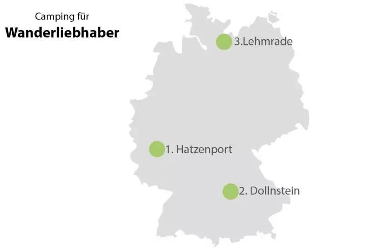 Graue Deutschland-Silhouette mit dem Text 'Camping f&uuml;r Wanderliebhaber' oben links und drei gr&uuml;nen Punkten mit den Beschriftungen '1. Hatzenport', '2. Dollnstein', '3. Lehmrade'