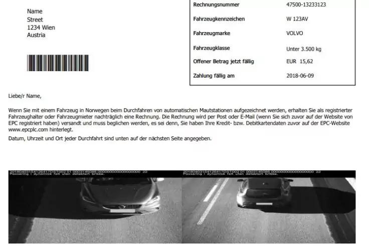 Schwarz-wei&szlig;e Dokumentenseite mit Absenderadresse und Barcode oben, rechts ein Kasten mit Rechnungsfeldern und darunter zwei nebeneinander angeordnete schwarz-wei&szlig;e Fotos von Fahrzeughecks auf einer Stra&szlig;e mit Fahrbahnmarkierung