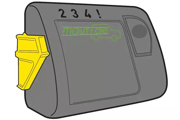 Graues, abgerundetes Gerät mit dunklem Display, gelbem Clip links, rundem Knopf rechts, oben '2 3 4 !' und grünem Logo in der Mitte