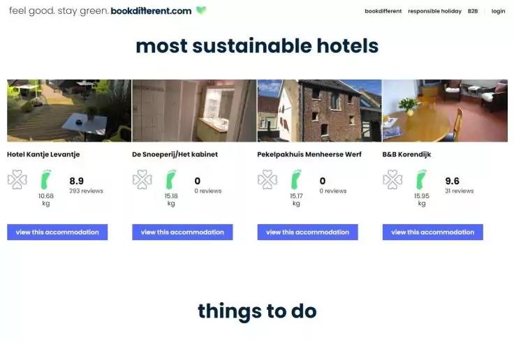 Screenshot einer Webseite mit oben dem Text 'feel good. stay green. bookdifferent.com', der gro&szlig;en &Uuml;berschrift 'most sustainable hotels', einer Reihe von Hotelbildern mit Bewertungen und blauen Buttons 'view this accommodation' sowie der Hinweis 'thi
