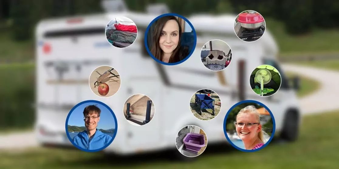 Unscharfer wei&szlig;er Wohnwagen im Hintergrund; im Vordergrund mehrere runde Vorschaubilder mit drei Personenportr&auml;ts, einem Haustiergesicht und verschiedenen Gegenst&auml;nden