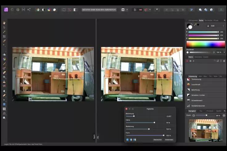 Screenshot eines Bildbearbeitungsprogramms mit zwei nebeneinander angezeigten Fotos des Innenraums eines Campers; sichtbar: gestreifte Markise, Holzschr&auml;nke, Fenster, K&uuml;chenelemente, rechte Seitenleiste mit Werkzeug- und Farbfeldern