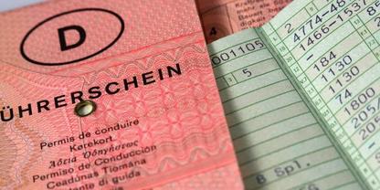 Rosa Dokument mit gro&szlig;em D in einem Kreis und dem Wort "F&Uuml;HRERSCHEIN", daneben ein gr&uuml;nes Heft mit Spalten und Zahlen