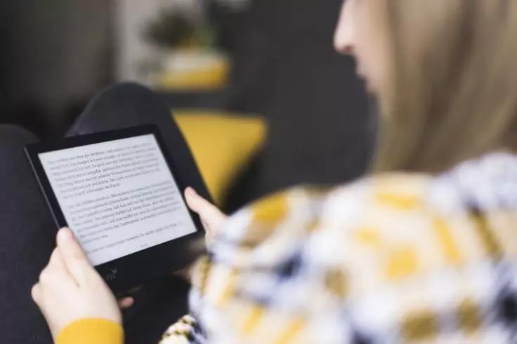 Person von der Seite h&auml;lt einen E-Reader mit Text, tr&auml;gt einen gelb gemusterten Pullover; unscharfer Hintergrund mit gelbem Kissen und Pflanze