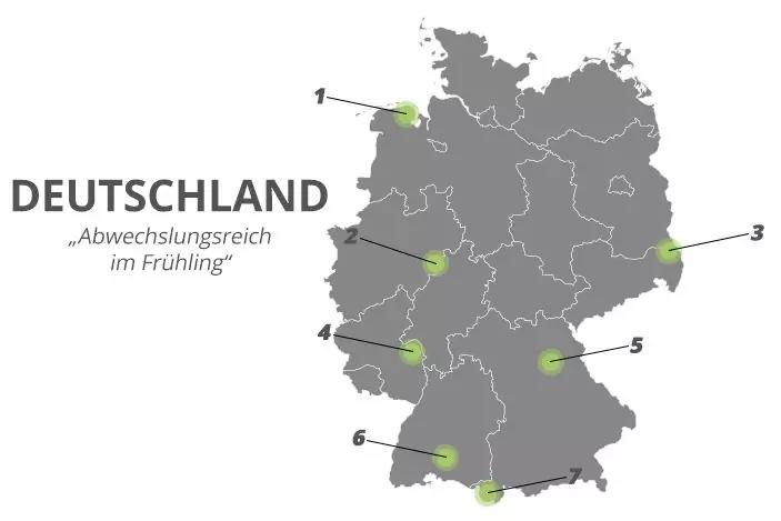 Graue Deutschlandkarte mit der &Uuml;berschrift 'DEUTSCHLAND', dem Untertitel '&bdquo;Abwechslungsreich im Fr&uuml;hling&ldquo;' und sechs gr&uuml;nen, nummerierten Markierungen (1&ndash;6) mit Pfeilen, die auf verschiedene Orte zeigen