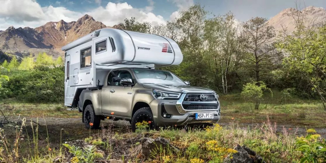 Pickup mit aufgesetzter Wohnkabine steht auf Grasfl&auml;che vor Bergen und B&auml;umen unter bew&ouml;lktem Himmel