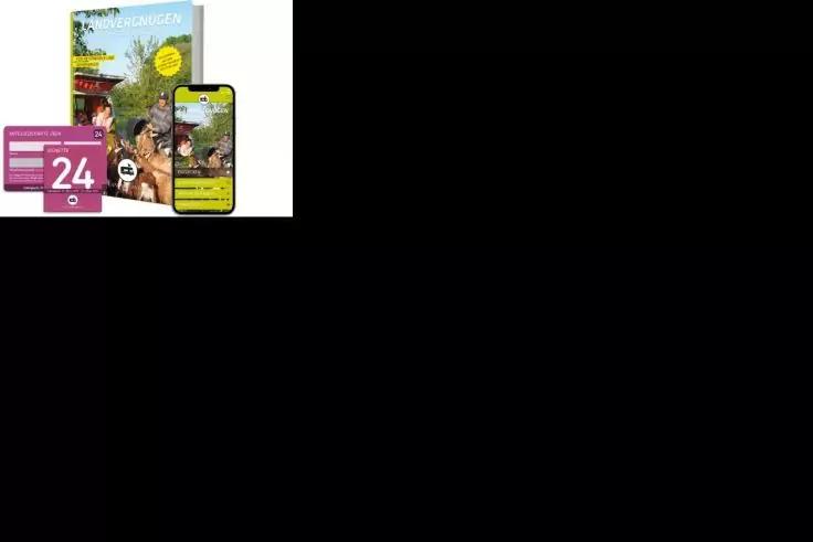 Gedrucktes Heft, Smartphone mit angezeigtem Foto, rosa Quadrat mit wei&szlig;er Zahl '24', oben links auf wei&szlig;em Hintergrund mit gro&szlig;em schwarzem Bereich