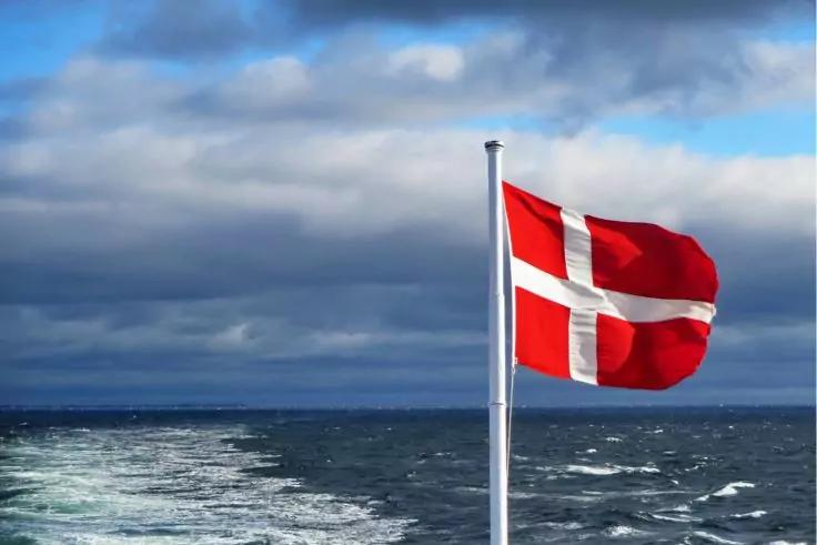 Rote Flagge mit wei&szlig;em skandinavischem Kreuz an einem Mast, Meer mit Wellen und bew&ouml;lkter Himmel im Hintergrund