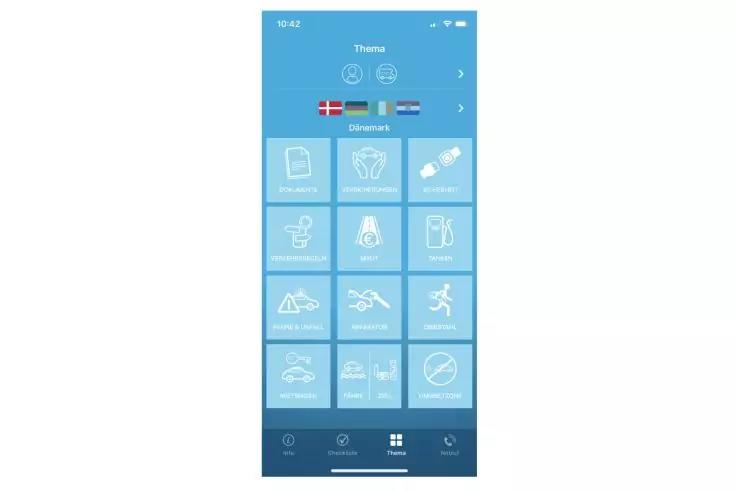 Smartphone-Bildschirm mit blauem Hintergrund; obere Leiste mit dem Text 'Thema' und drei kleinen Symbolen; darunter zwei Flaggen; mittlerer Bereich mit zw&ouml;lf hellblauen Quadraten, jeweils ein wei&szlig;es Symbol; untere Leiste mit mehreren Icons und einem