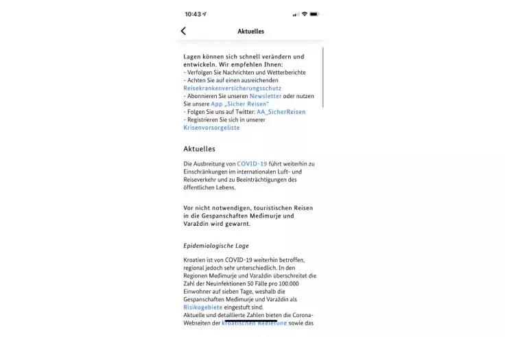 Smartphone-Bildschirm. Oben links ein Zur&uuml;ck-Pfeil, oben mittig der Titel 'Aktuelles'. Darunter mehrere Abs&auml;tze mit schwarzem Text auf wei&szlig;em Hintergrund; in einem Absatz steht 'COVID-19'. In der Statusleiste oben Uhrzeit '10:43', WLAN- und Batteries