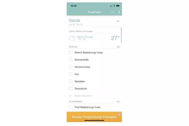 Smartphone-Screenshot einer App: gr&uuml;ner Kopfbereich, Standortname &bdquo;Garda&ldquo;, kleines Wolkensymbol und Anzeige &bdquo;27&deg;&ldquo;, Liste mit mehreren Checkboxen, einige ausgew&auml;hlt, gelber‑oranger Button mit wei&szlig;er deutscher Beschriftung unten