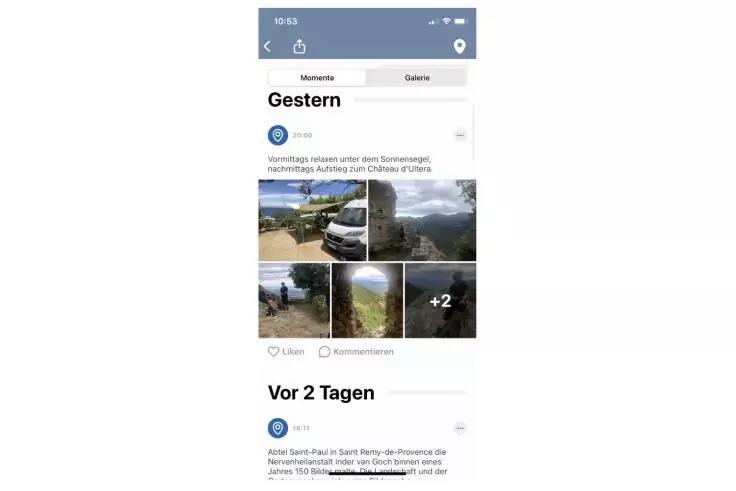 Screenshot einer Social‑Media‑Ansicht mit der &Uuml;berschrift 'Gestern', einem Raster mit Miniaturfotos (wei&szlig;es Fahrzeug, Berglandschaft, Wasserfall sichtbar) und der Zeile 'Vor 2 Tagen'