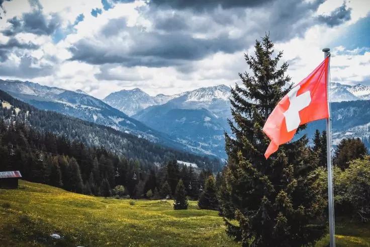 Rote Schweizerflagge mit wei&szlig;em Kreuz an einem Fahnenmast vor Nadelb&auml;umen, einer Wiese, bewaldeten H&uuml;geln und Bergen unter bew&ouml;lktem Himmel