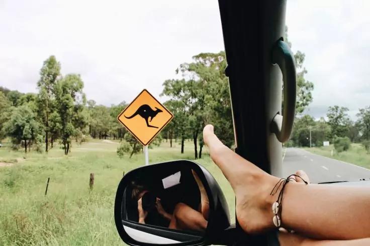Arm und ausgestreckter Fu&szlig; ruhen am Au&szlig;enspiegel eines Autos; im Hintergrund ein gelbes K&auml;nguru-Warnschild, Landstra&szlig;e, Wiesen, B&auml;ume und bew&ouml;lkter Himmel