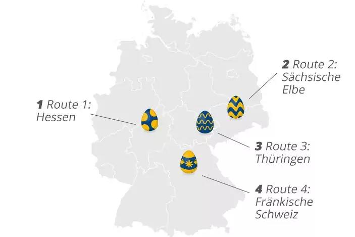 Hellgraue Karte von Deutschland mit Bundeslandgrenzen, vier gelb-blaue, dekorierte Ostereier an markierten Stellen, nummerierte Beschriftungen mit Linien: '1 Route 1: Hessen', '2 Route 2: S&auml;chsische Elbe', '3 Route 3: Th&uuml;ringen', '4 Route 4: Fr&auml;nkisc