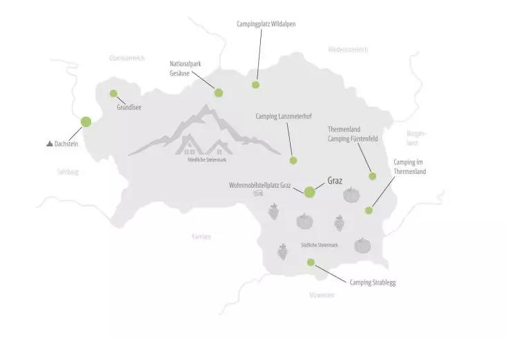 Schematische Karte mit grauem Umriss, mehreren gr&uuml;nen Punkten, Camping- und Bergsymbolen sowie der Beschriftung "Graz"