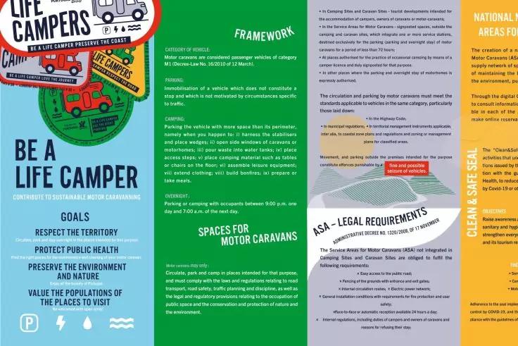 Gedrucktes Faltblatt mit mehreren farbigen vertikalen Spalten (gr&uuml;n, blau, lila, gelb), rundes Logo &bdquo;LIFE CAMPERS&ldquo; oben links und gro&szlig;e &Uuml;berschrift &bdquo;BE A LIFE CAMPER&ldquo;; Spalten enthalten dichten Flie&szlig;text und kleine Symbole