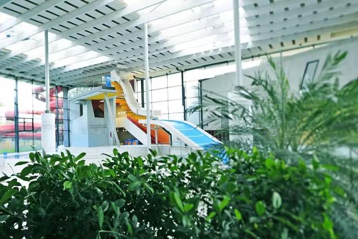 Innenraum mit Pflanzen im Vordergrund, zwei bunte Wasserrutschen (blau und gelb-orange), gro&szlig;e Fenster und wei&szlig;e Dachtr&auml;ger