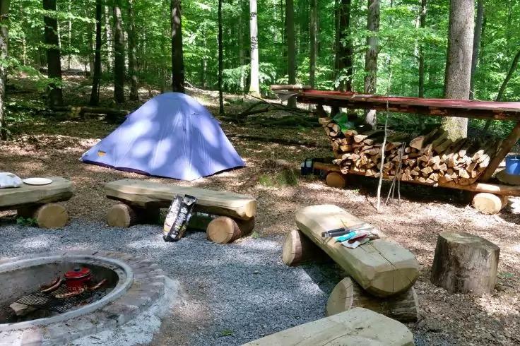 Blaues Zelt auf einer Waldlichtung, mehrere grobe Holzb&auml;nke um eine runde Feuerstelle, Stapel Brennholz unter einer offenen &Uuml;berdachung, B&auml;ume im Hintergrund, kiesiger Boden