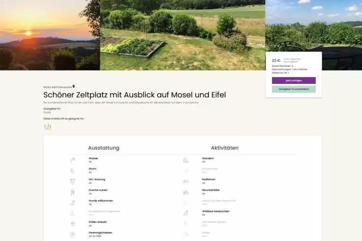 Screenshot einer Webseite mit drei Landschaftsfotos oben (links Sonnenuntergang &uuml;ber einem Tal, Mitte Wiese mit Hochbeeten und B&auml;nken, rechts gr&uuml;ne Felder), darunter der Titel "Sch&ouml;ner Zeltplatz mit Ausblick auf Mosel und Eifel", zwei Spalten mit den