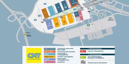 Grafische Karte mit farbigen, nummerierten Geb&auml;udebl&ouml;cken, Stra&szlig;en, Parkpl&auml;tzen, Legende und CMT-Logo