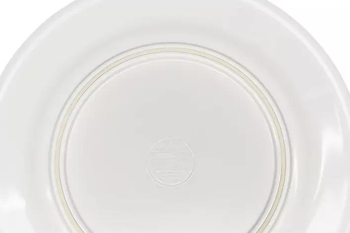 Runder wei&szlig;er Teller mit konzentrischen Ringen und zentraler Vertiefung, gl&auml;nzende Lichtreflexe auf wei&szlig;em Hintergrund