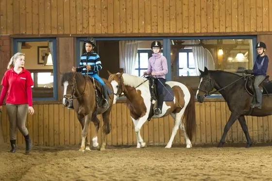 Drei Personen reiten hintereinander auf Pferden in einer Reithalle; links geht eine weitere Person neben ihnen; Holzwand mit Fenstern im Hintergrund