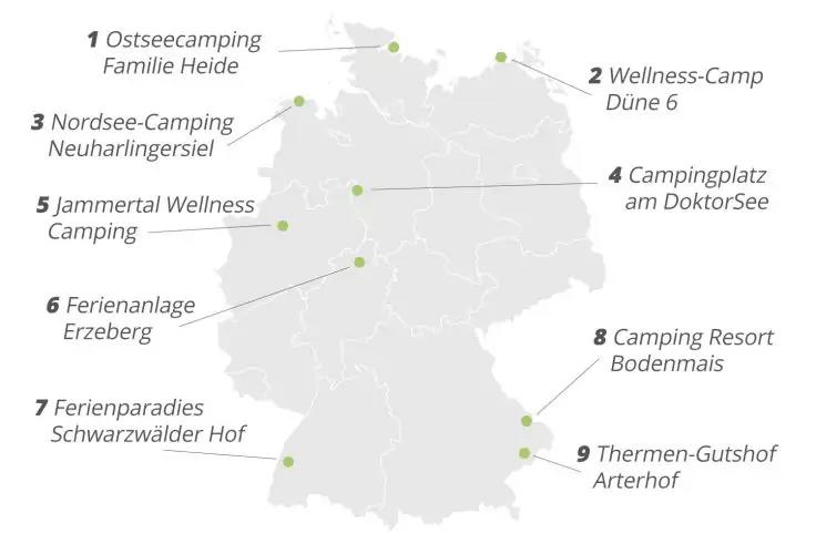 Umrisskarte Deutschlands mit neun nummerierten grünen Punkten, durch Linien mit Beschriftungen verbunden: 1 Ostseecamping Familie Heide; 2 Wellness-Camp Düne 6; 3 Nordsee-Camping Neuharlingersiel; 4 Campingplatz am DoktorSee; 5 Jammeral Wellness Camp