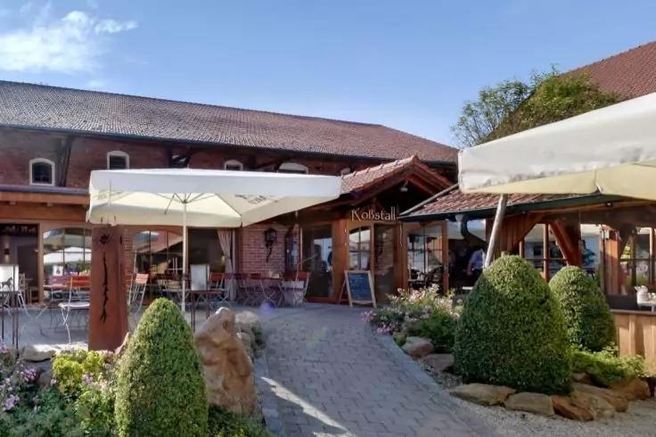 Gepflasterter Innenhof mit Sonnenschirmen und Außenbestuhlung vor einem Backstein- und Holzgebäude, geschnittene Zierbüsche und Steingarten, blauer Himmel