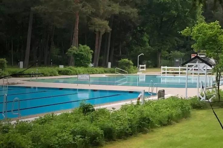 Au&szlig;en-Schwimmbecken mit Schwimmbahnen, Metallleitern, Liegewiese und B&auml;umen im Hintergrund