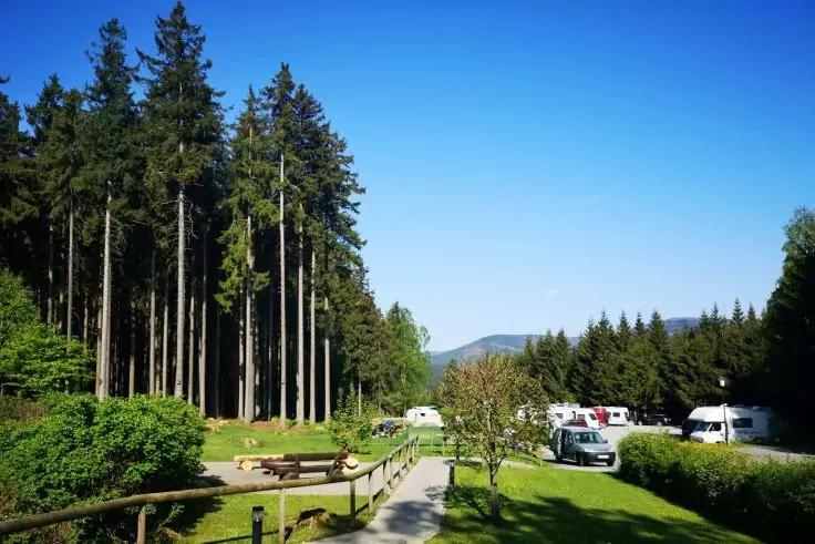 Gepflasterter Weg mit Holzgel&auml;nder, links hohe Kiefern, Picknickbank auf einer Wiese, rechts mehrere Wohnmobile, blauer Himmel