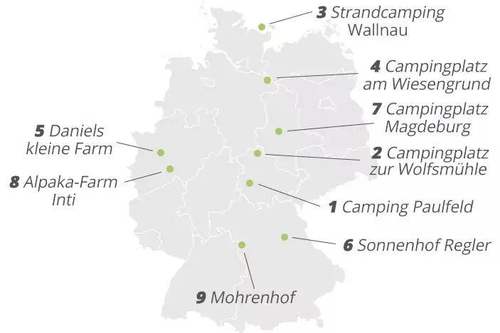 Umrisskarte von Deutschland mit neun nummerierten gr&uuml;nen Punkten und Beschriftungen: 1 Camping Paulfeld; 2 Campingplatz zur Wolfsm&uuml;hle; 3 Strandcamping Wallnau; 4 Campingplatz am Wiesengrund; 5 Daniels kleine Farm; 6 Sonnenhof Regler; 7 Campingplatz