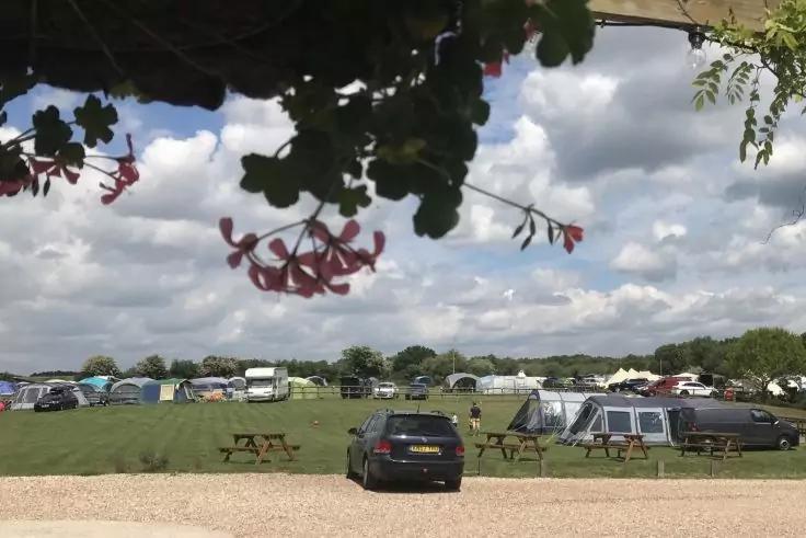 Vordergrund: bl&uuml;hende Zweige am oberen Bildrand; darunter ein dunkles Auto auf einem Schotterweg; dahinter eine Wiese mit Zelten, Wohnwagen und Picknicktischen; bew&ouml;lkter Himmel