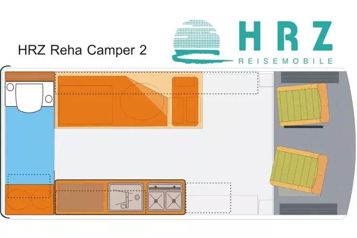 Draufsicht-Grundriss mit Text 'HRZ Reha Camper 2' und HRZ-Logo; blaues Bad links mit Toilette und Waschbecken, orange Bereiche f&uuml;r Bett und Schr&auml;nke, K&uuml;chenzeile mit Sp&uuml;le und Herd unten, zwei gr&uuml;ne Vordersitze rechts