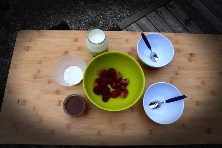 Holzbrett mit gr&uuml;ner Sch&uuml;ssel mit Erdbeeren, zwei wei&szlig;en Schalen mit L&ouml;ffeln, einer kleinen Schale mit wei&szlig;em Pulver, einem Glas mit wei&szlig;er Substanz und einem Glas mit roter Fl&uuml;ssigkeit