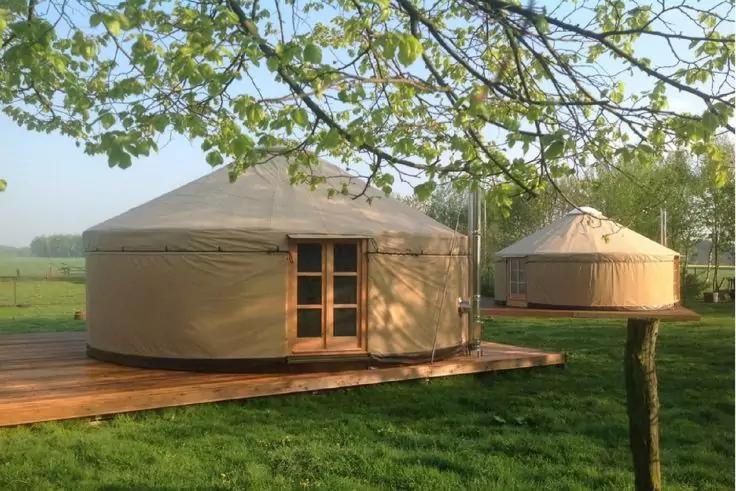 Zwei runde beige Zelte auf Holzplattformen auf einer Wiese; im Vordergrund ein Baumzweig