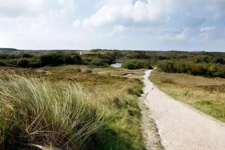 Heller Sandweg zwischen D&uuml;nen mit Strandgras, niedrige B&uuml;sche und ein kleines Gew&auml;sser unter bew&ouml;lktem Himmel