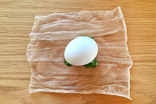 Wei&szlig;es Ei auf gr&uuml;nen Bl&auml;ttern auf einem rechteckigen, durchscheinenden Stoff auf hellem Holztisch