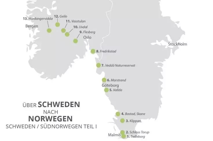 Karte von S&uuml;dschweden und S&uuml;dnorwegen in Grau mit gr&uuml;nen, nummerierten Punkten entlang der K&uuml;ste; Ortsnamen wie Malm&ouml;, G&ouml;teborg, Oslo und Bergen; deutscher Titel &bdquo;&Uuml;BER SCHWEDEN NACH NORWEGEN&ldquo; unten links