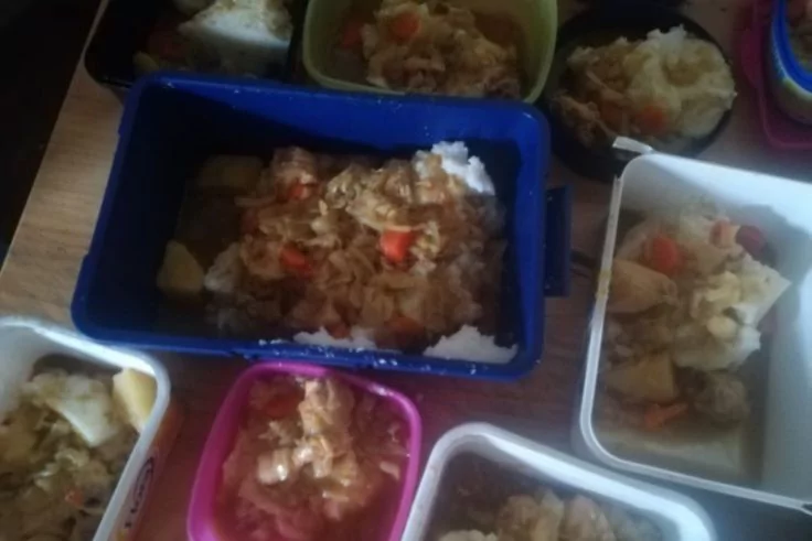 Mehrere bunte Plastikbehälter mit weißem Reis und brauner Gemüsemischung mit Kartoffel- und Karottenstücken auf einem Holztisch