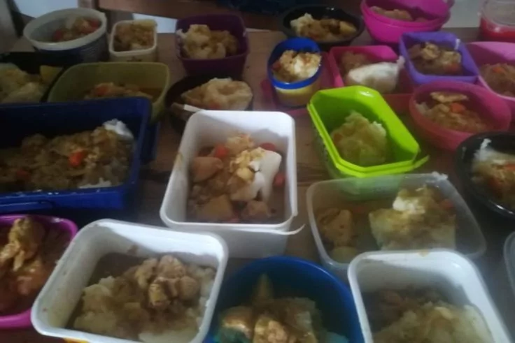 Mehrere bunte Plastikbehälter auf einem Tisch, gefüllt mit verschiedenen Speisen in Stücken