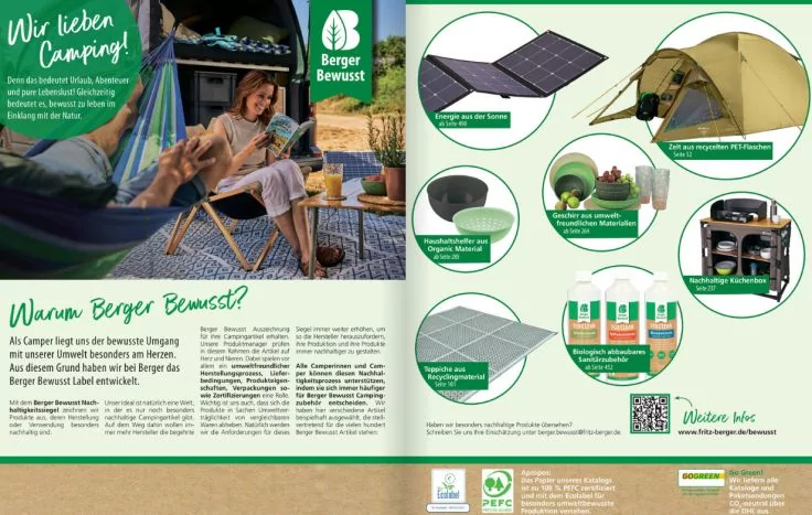 Zweiseitige Camping-Brosch&uuml;re mit gr&uuml;nem Header 'Wir lieben Camping!', links Foto von zwei Personen auf einer H&auml;ngematte mit Campingm&ouml;beln und Text, rechts Produktbilder in runden Ausschnitten (Solarmodul, Zelt, Campingkocher, Dosen) und Berger-Logo